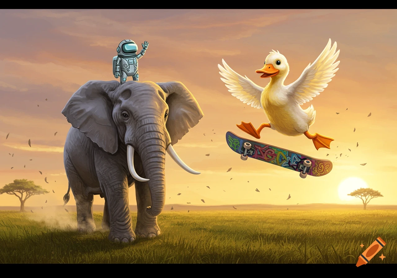 An illustrated robot waves from an elephant while a duck flies on a skateboard over a savanna at sunset.