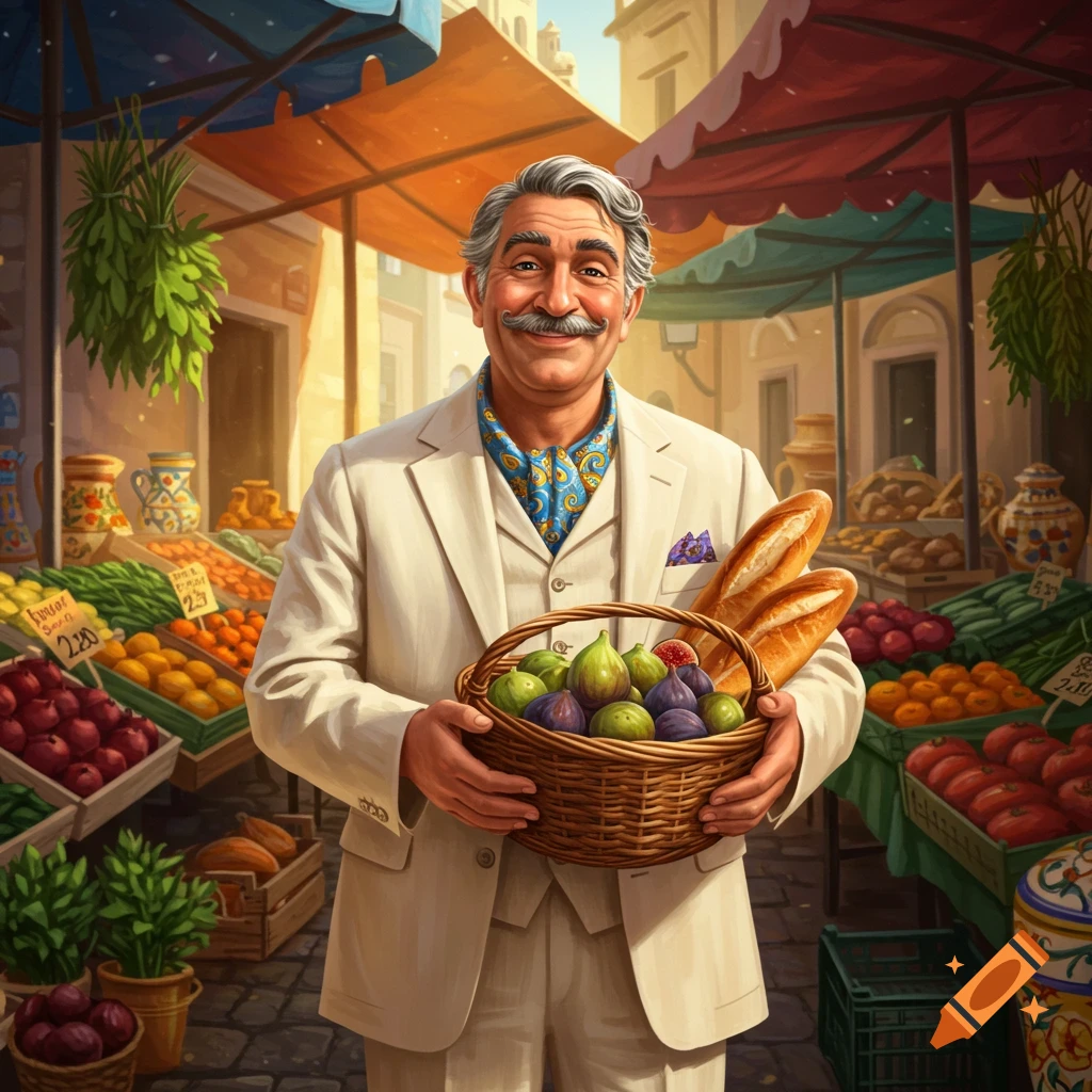 A smiling man with a mustache holds a basket of figs and baguettes at a colorful outdoor market.