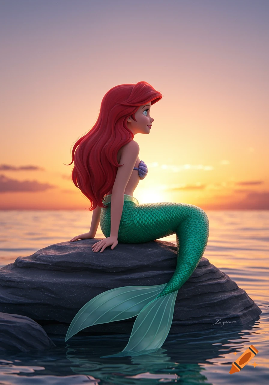 Ariel, the Little Mermaid, sits on a rock in the ocean at sunset in a cartoon style.