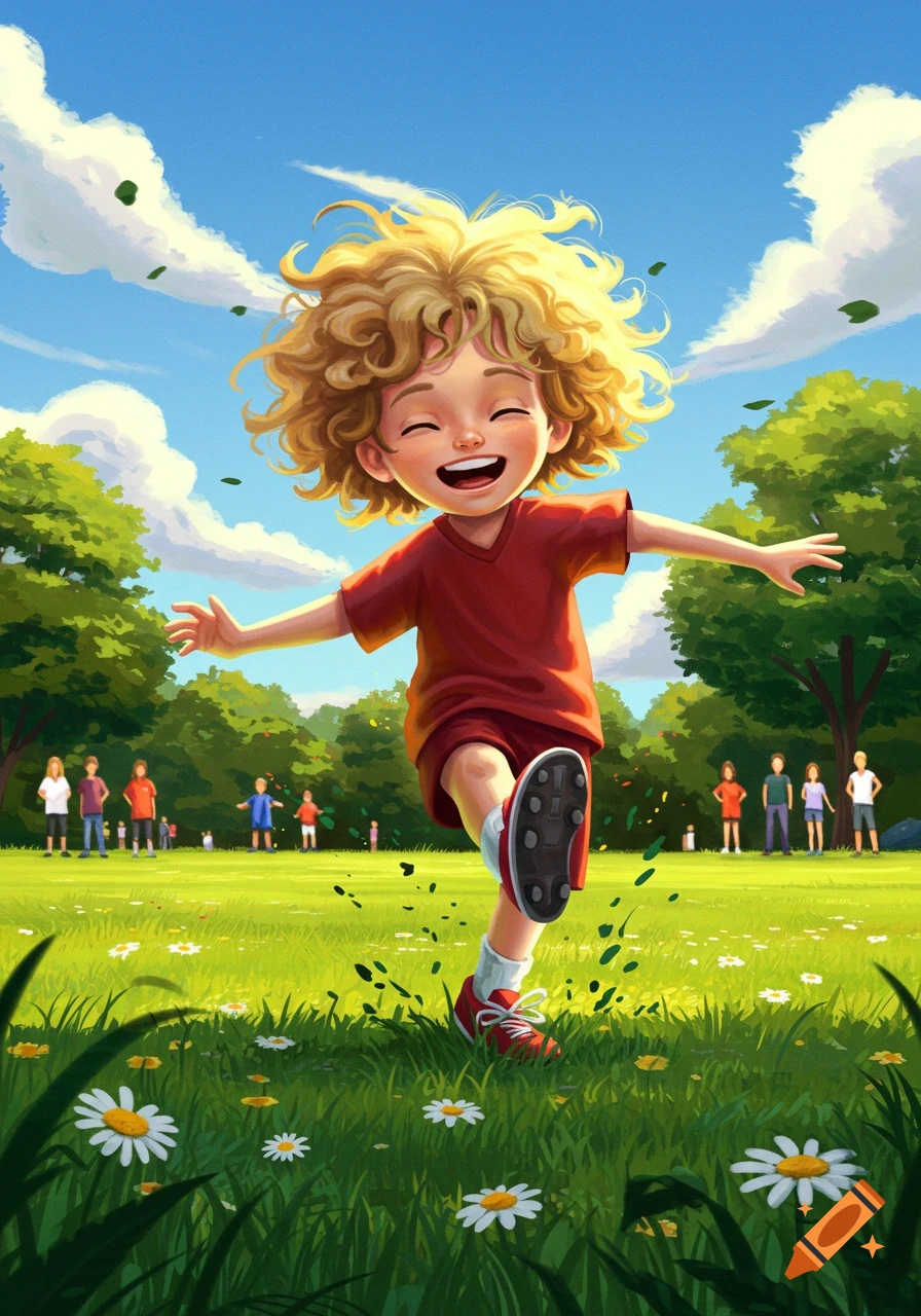 A joyful, curly-haired boy in a red shirt running on a green, grassy field with daisies under a blue sky, in a vibrant illustration style.