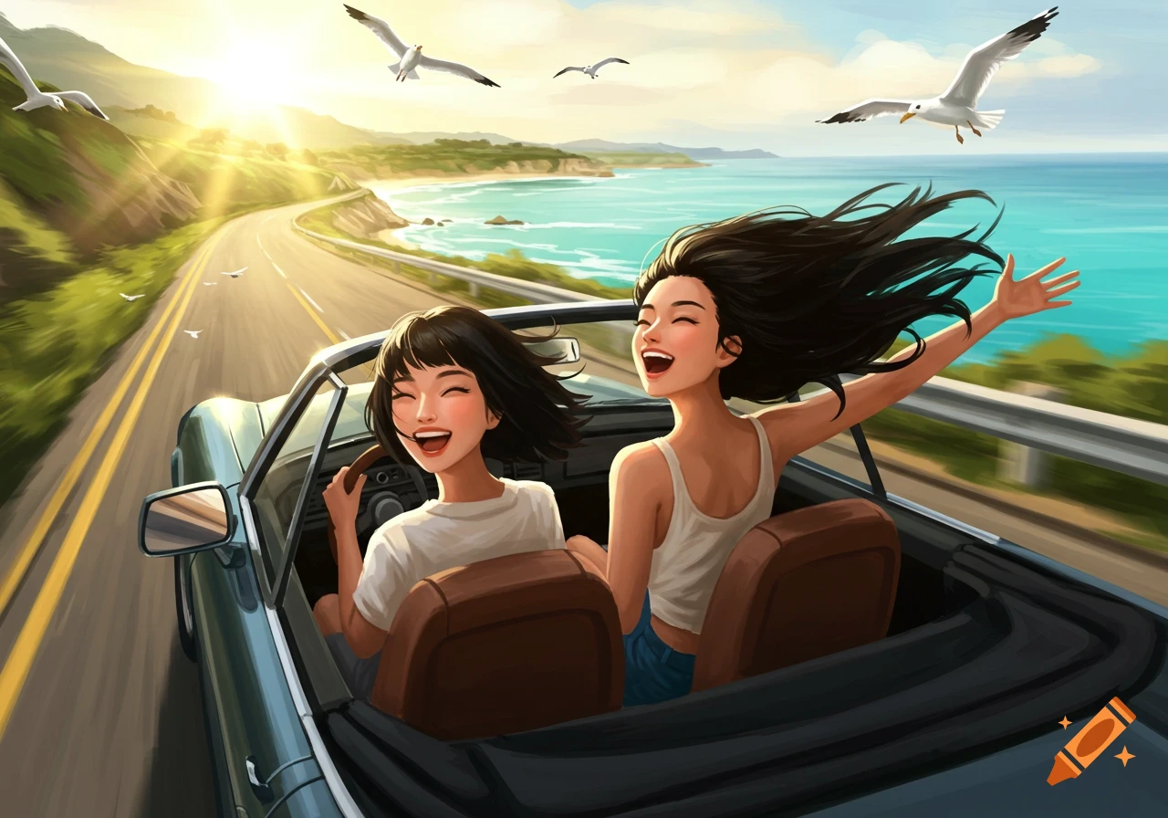 Two smiling women in a convertible driving on a sunny coastal road, enjoying a road trip, in an illustrated style.