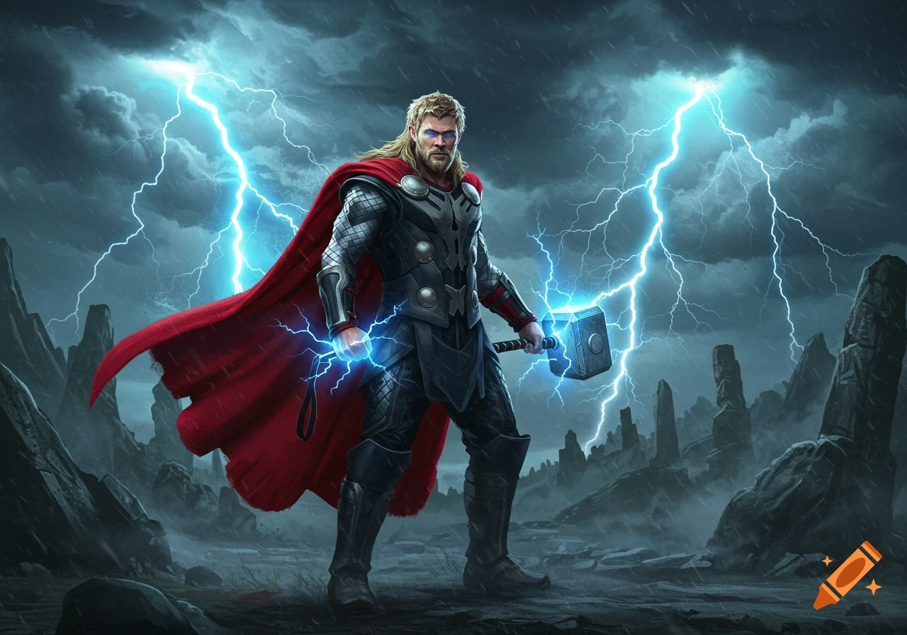 Thor, with lightning glowing, stands powerfully in a stormy, rocky landscape, holding Mjolnir in a dynamic, realistic style.