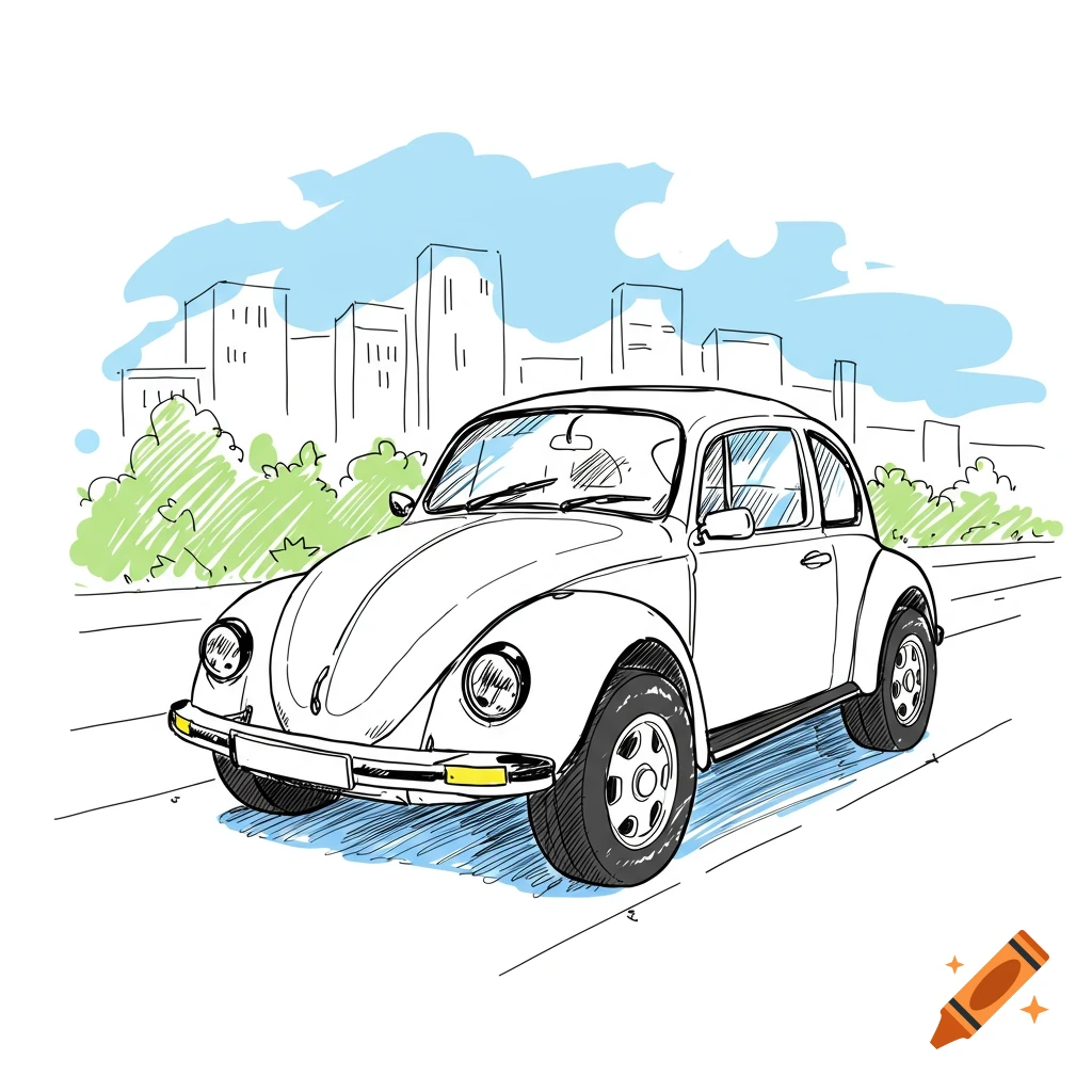 A doodle illustration of a white Volkswagen Beetle on a road with a city skyline in the background.
