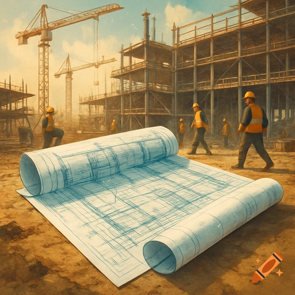 Large unfurled construction blueprints lie on the ground at a construction site with workers and cranes in a painterly style.