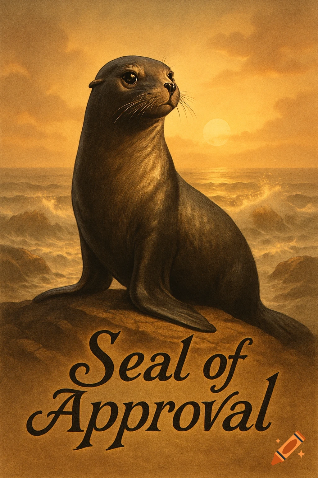 A brown seal sits on a rock by the ocean at sunset, with the words 'Seal of Approval' written below it.