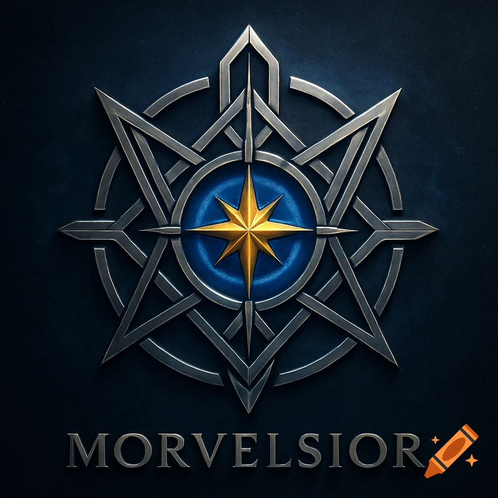 A metallic silver emblem featuring a golden star on a blue core and intricate geometric patterns, with 'MORVELSIOR' text below.