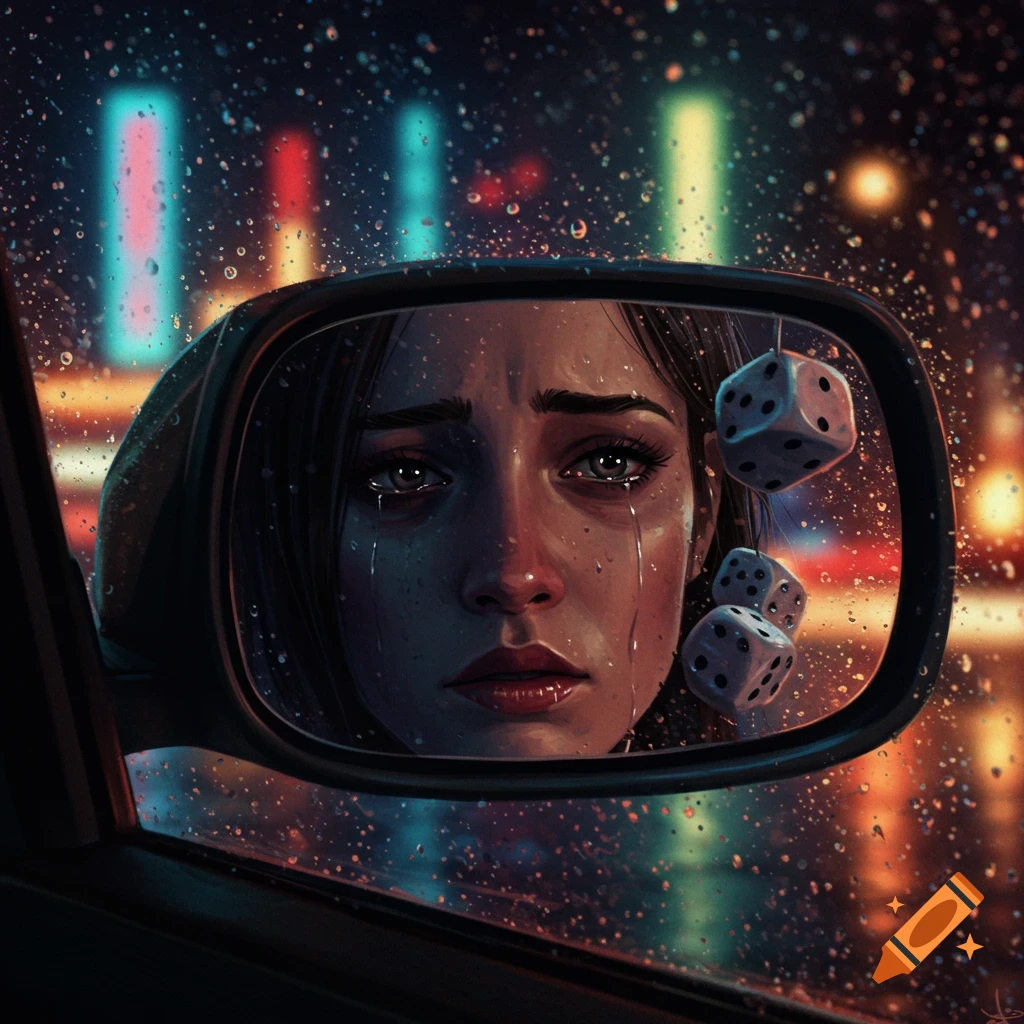 Digital art portrait of a crying woman reflected in a car's rainy rearview mirror, with dice hanging, and blurred neon city lights in the background.