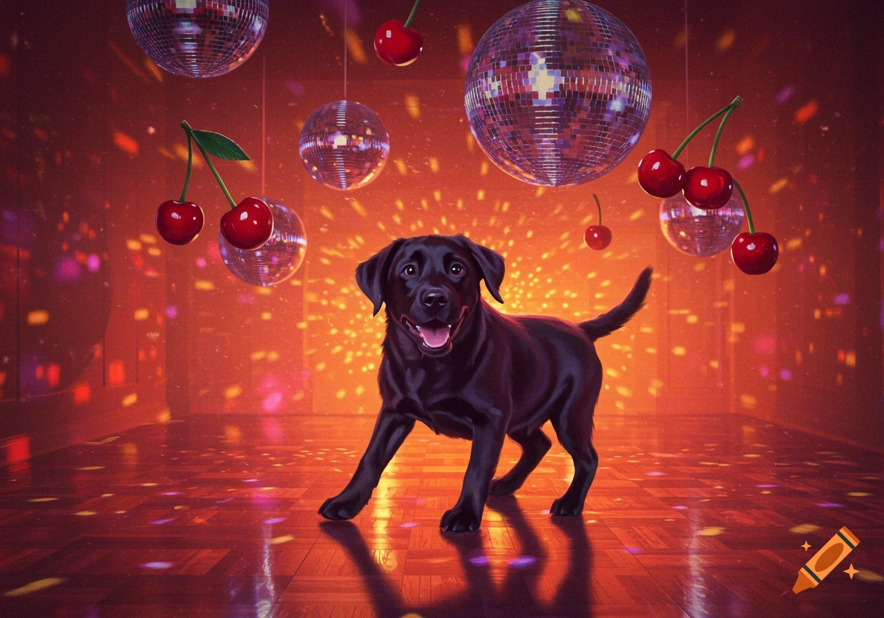 A black Labrador puppy stands in a disco-lit room with hanging disco balls and floating cherries.