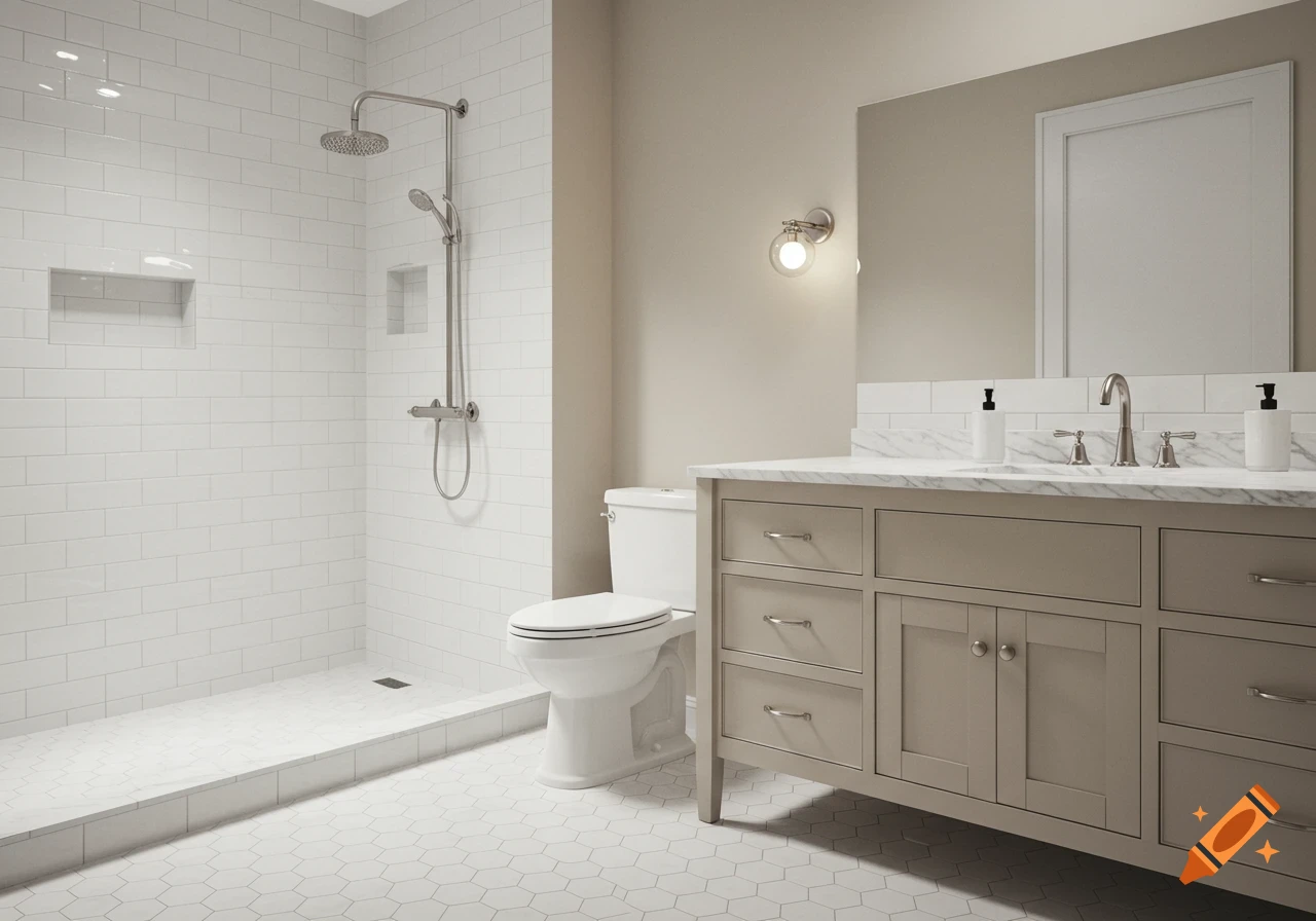 A modern bathroom with white subway tile shower, a greige vanity with marble sink, and white hexagon tile floors.