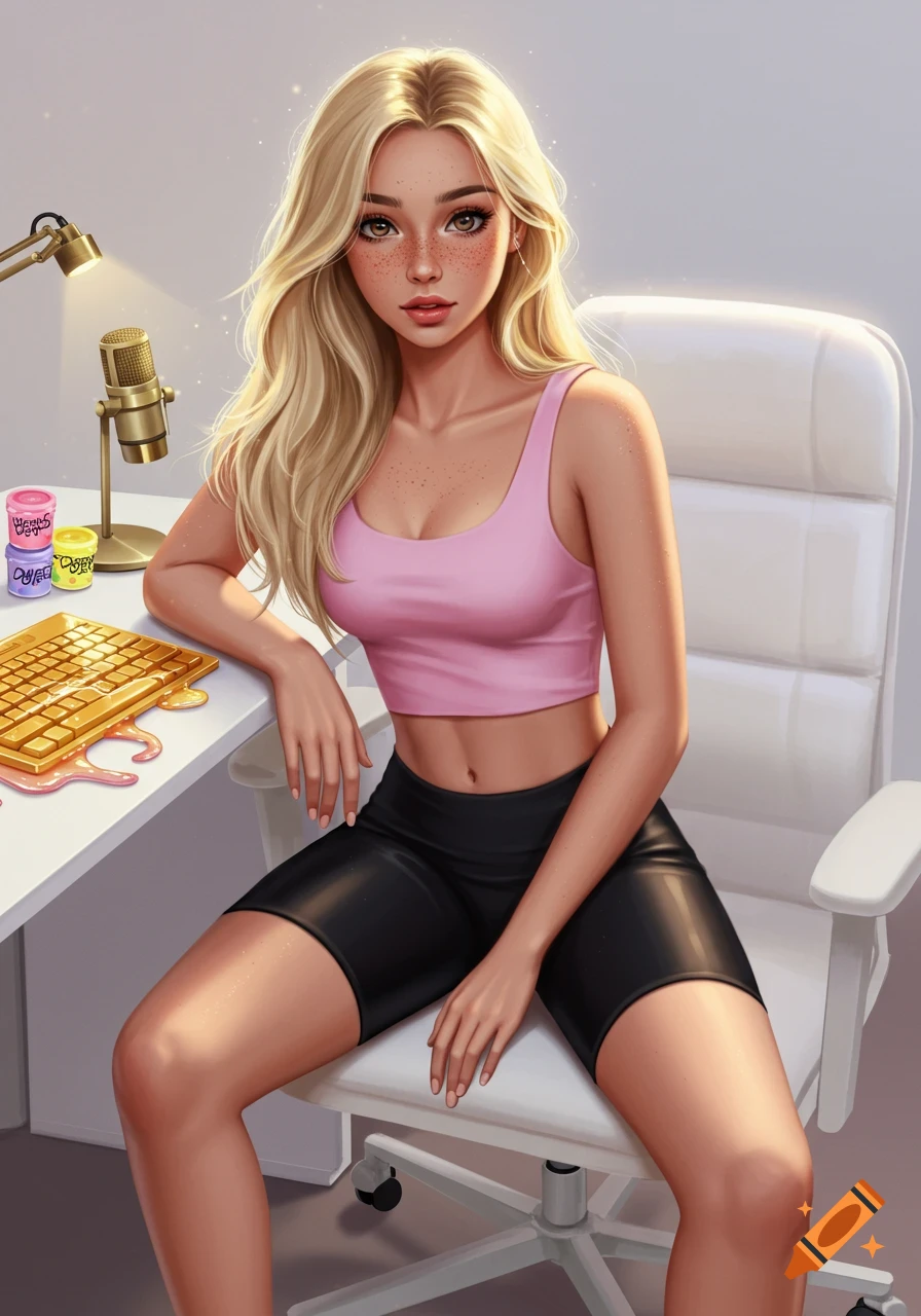A blonde woman with freckles sits at a desk, wearing a pink crop top and black shorts, next to a microphone and a keyboard. Digital art style.