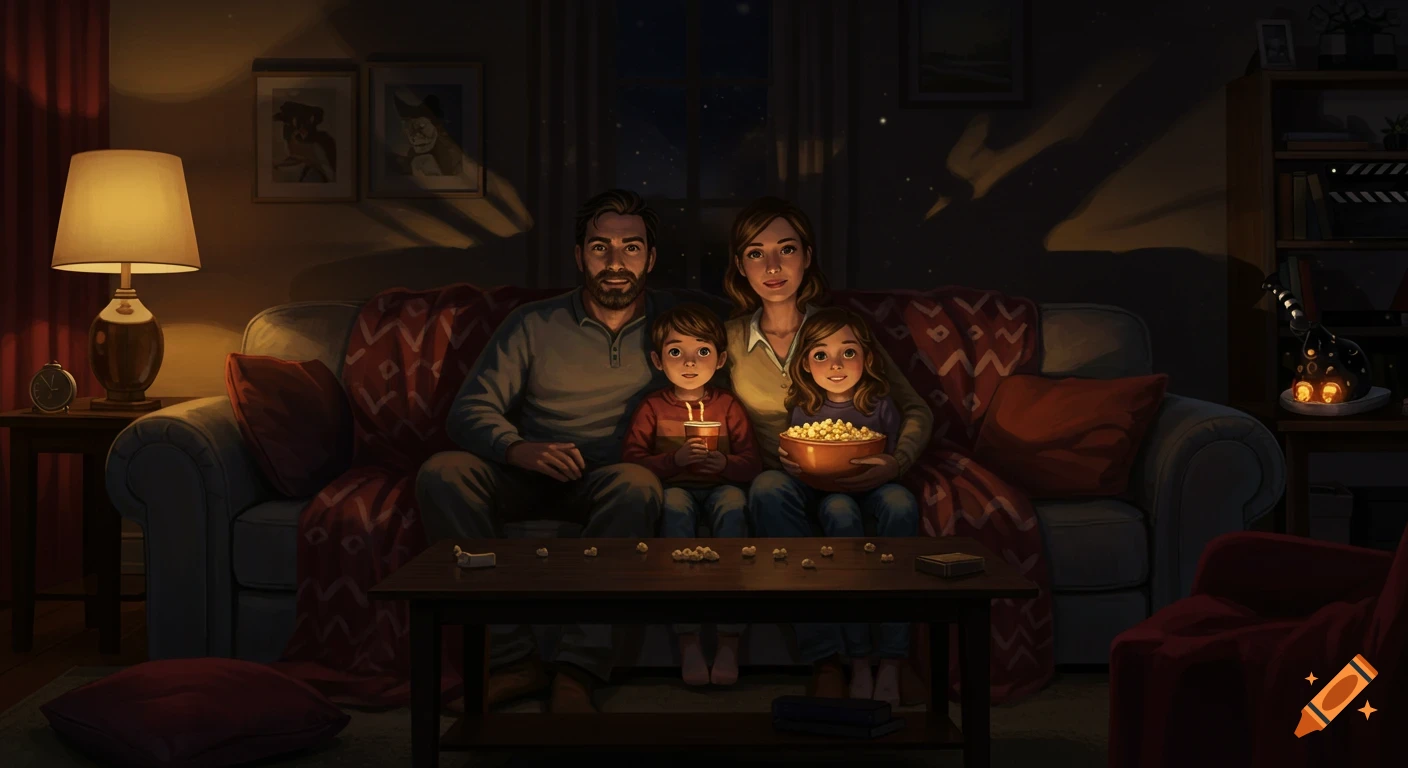 An illustrated family of four sits on a couch in a dark room, watching a movie. The daughter holds popcorn.