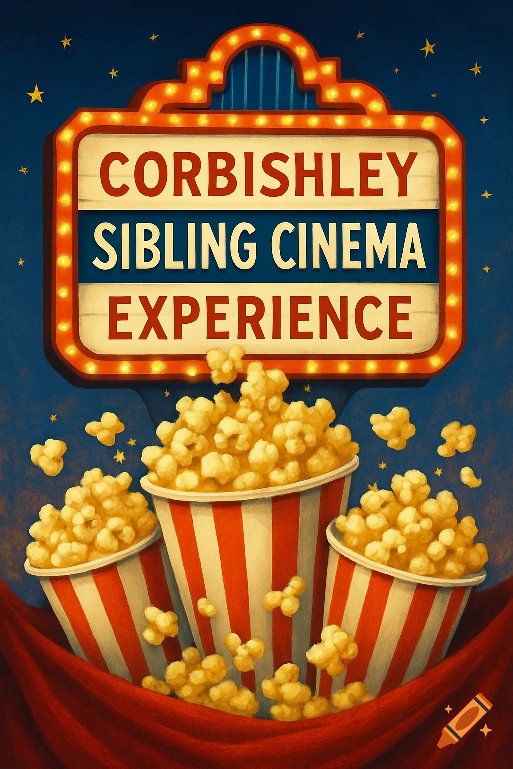 A vintage-style poster for 'Corbishley Sibling Cinema Experience' with a bright marquee, popcorn buckets, and red curtains.