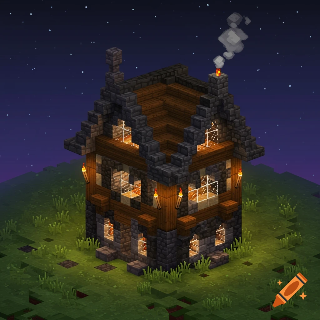 A pixelated medieval gothic house at night, built from dark blocks with glowing windows and torches, in a Minecraft-like style.