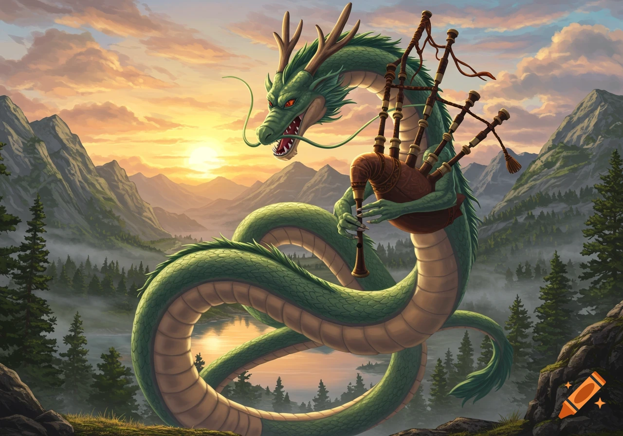 Green dragon Shenron playing the bagpipes in a mountainous landscape at sunset, illustration style.