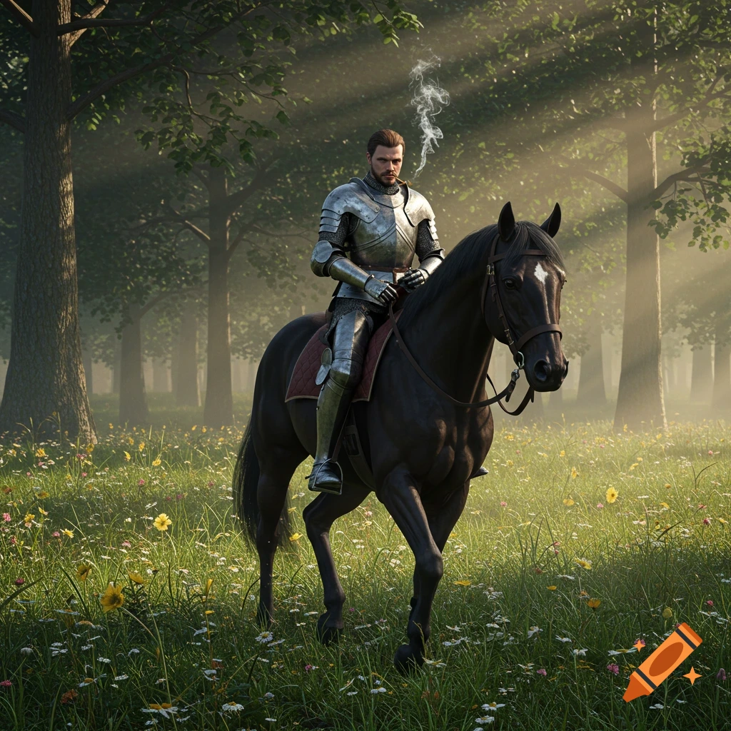 A knight on horseback rides through a sun-dappled forest clearing filled with wildflowers, smoke rising from his pipe.