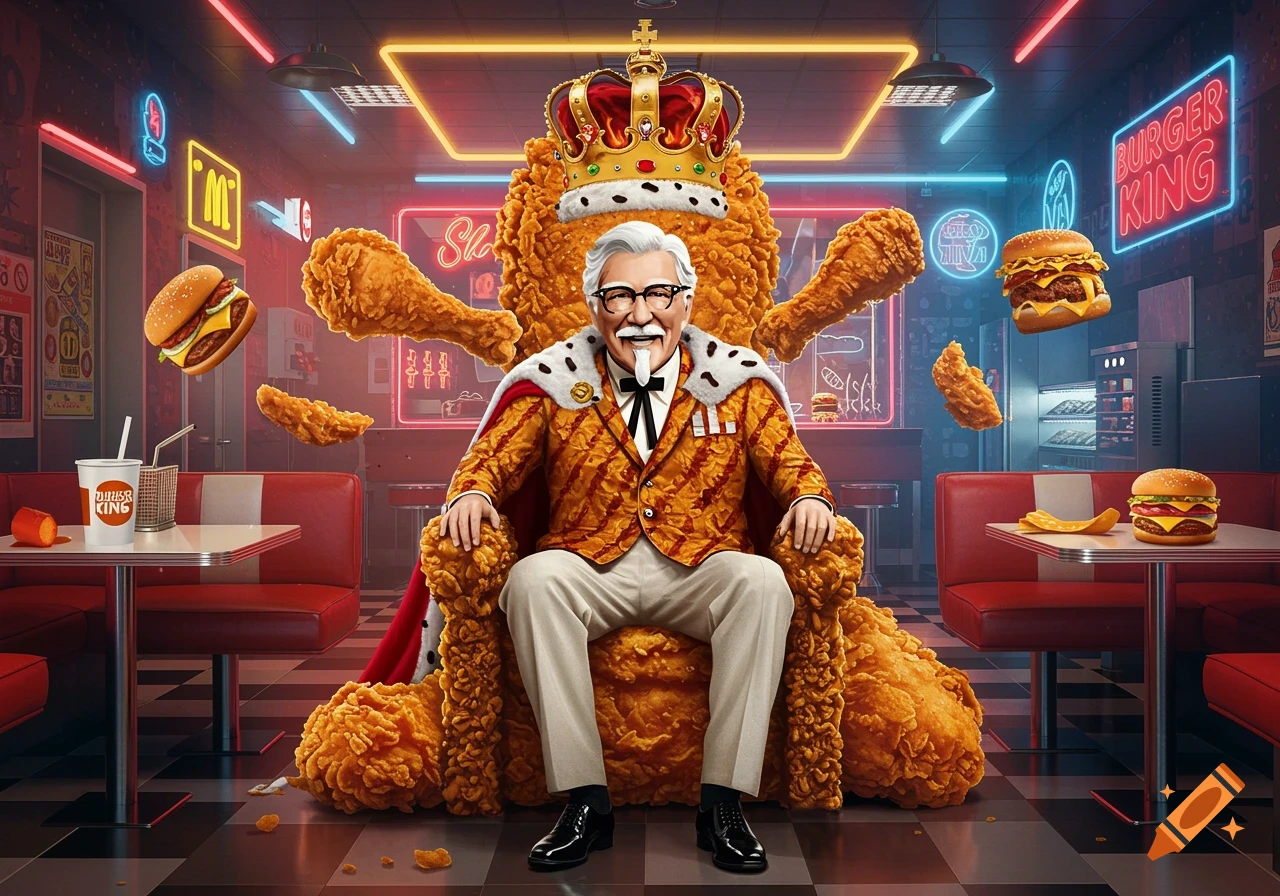 Colonel Sanders sits on a throne made of fried chicken in a fast-food restaurant with Burger King and McDonald's neon signs, surrounded by floating burgers and chicken.