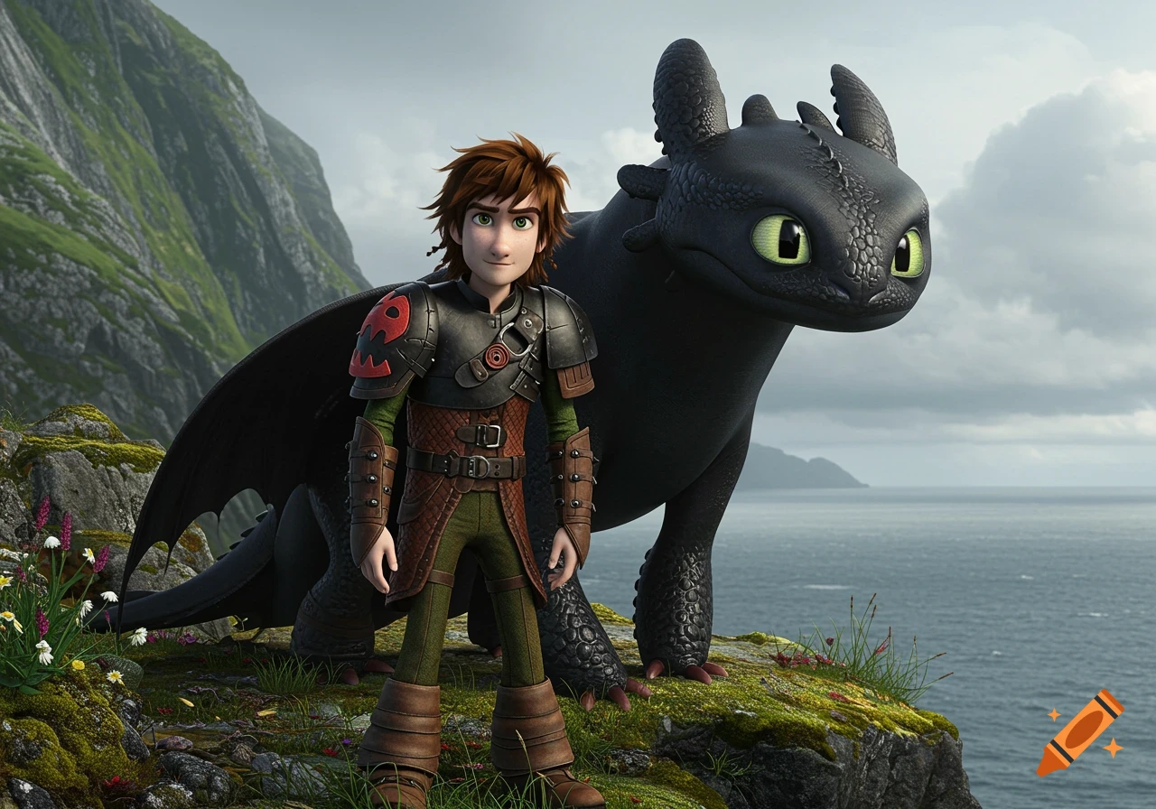 Hiccup and Toothless from How to Train Your Dragon stand on a grassy cliff overlooking the ocean.
