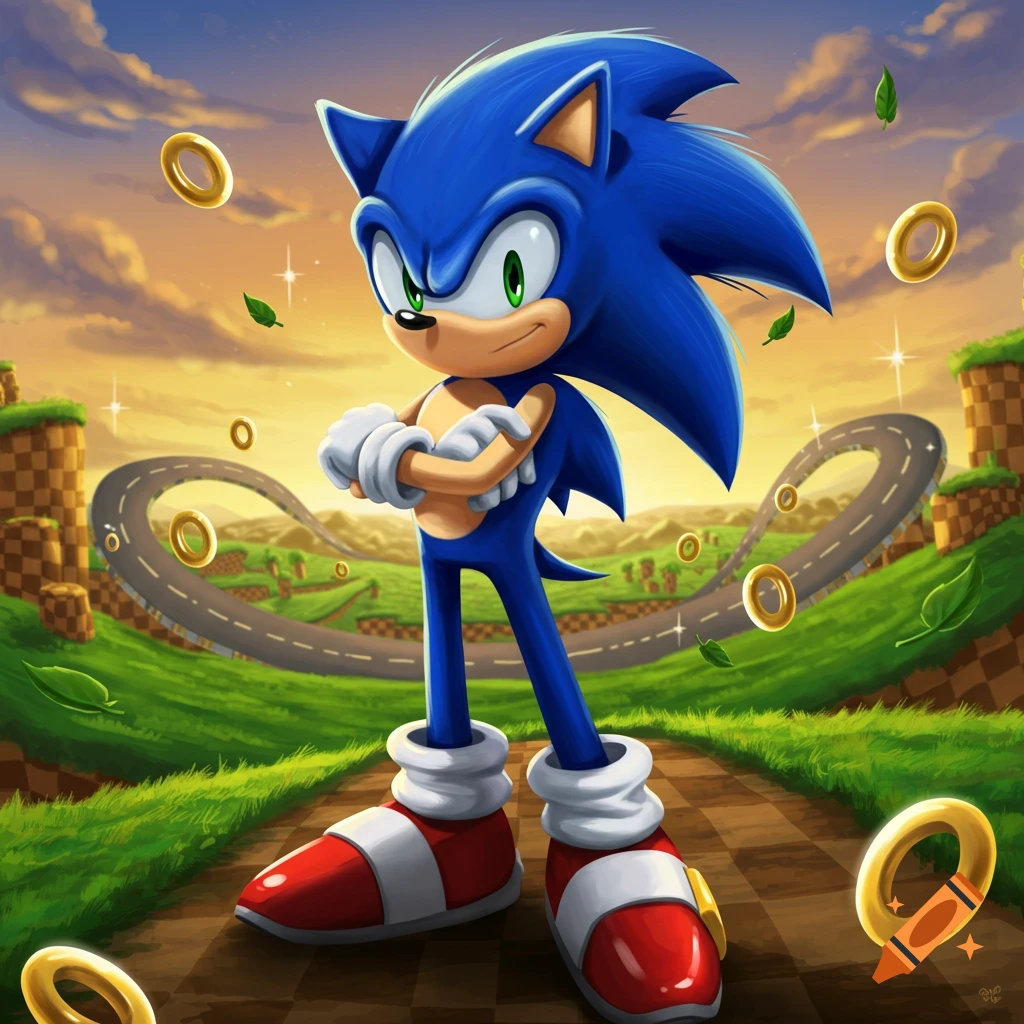Sonic the Hedgehog stands arms crossed on a checkered path in a vibrant, grassy landscape with floating gold rings and loop-de-loops.