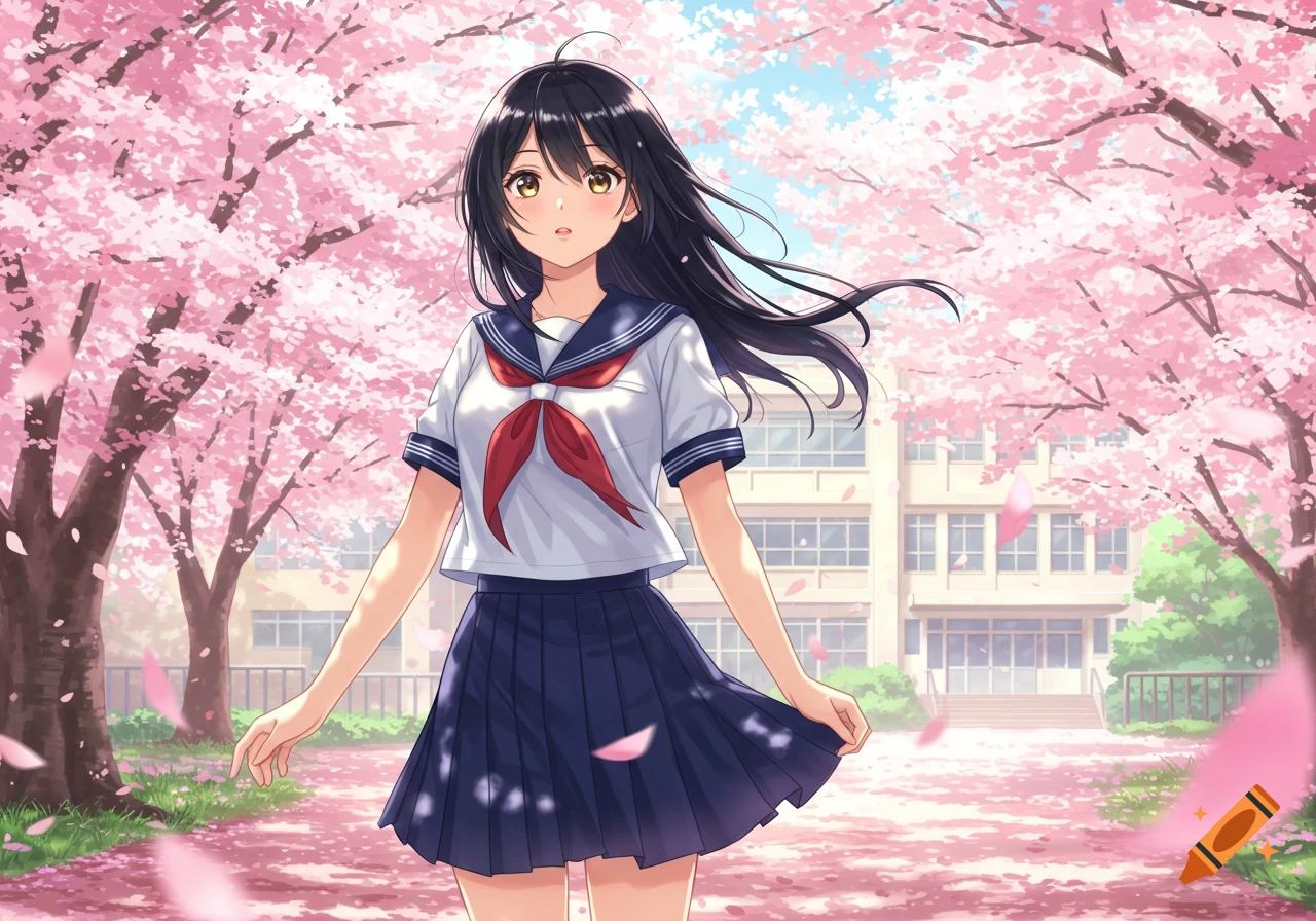 An anime school girl with black hair and a uniform stands under pink cherry blossom trees, with a school building in the background.