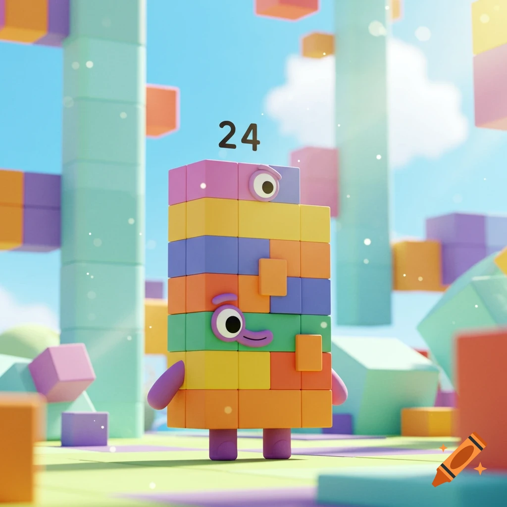 A colorful block character, Numberblock 24, stands in a playful landscape of pastel blocks under a bright blue sky. 3D render.