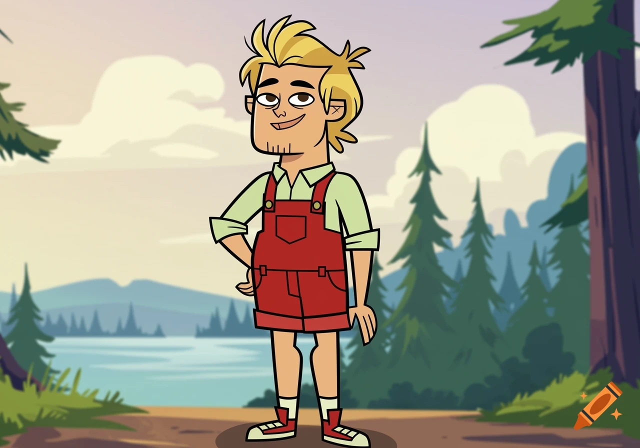 A cartoon man with blonde hair and a beard, wearing a green shirt and red overalls, standing in a forest by a lake.
