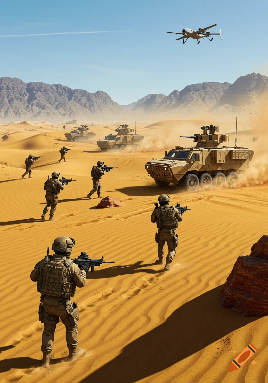 Photorealistic image of soldiers and armored vehicles advancing through a desert with mountains in the background, under a clear sky.