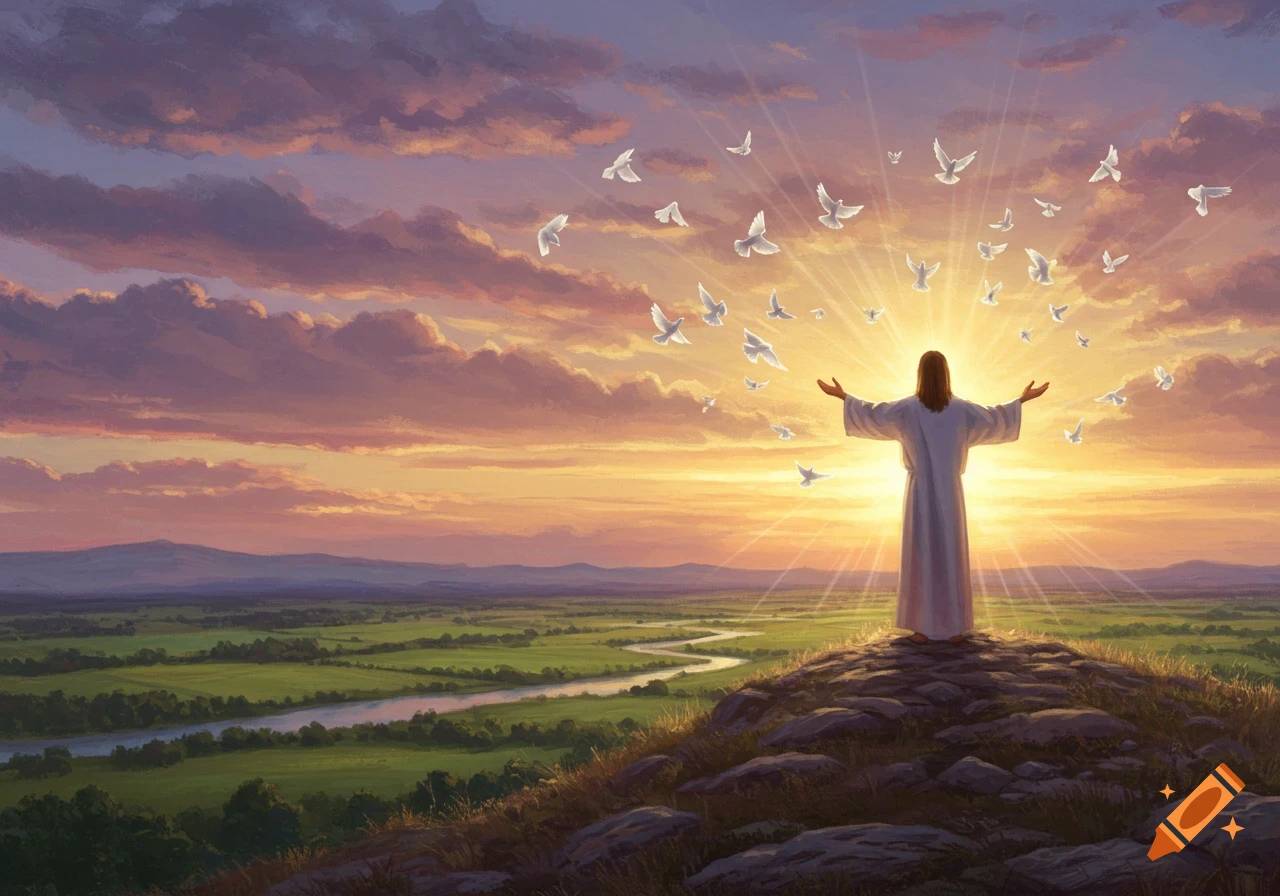 A Jesus-like figure stands on a hill with arms open, facing a radiant sunset over a green valley with a river and mountains, surrounded by white doves flying in light.