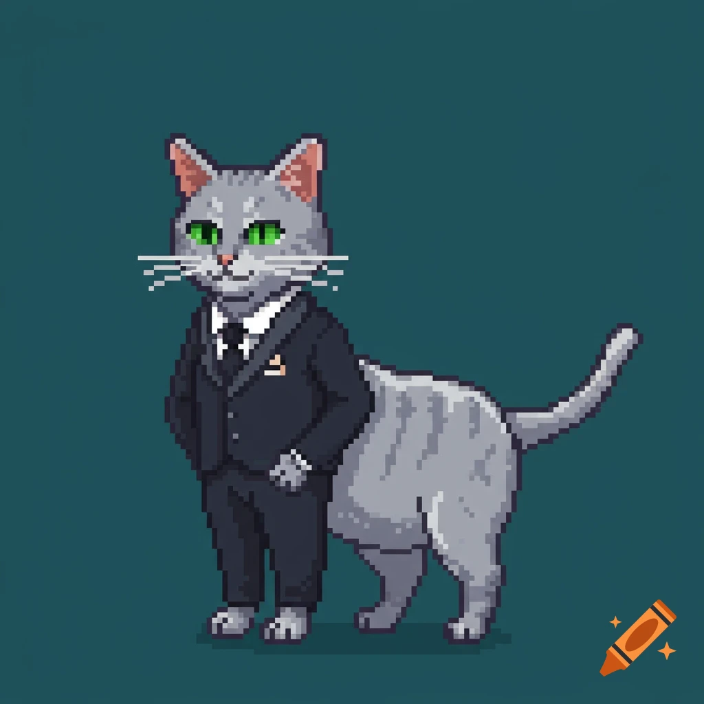 Pixel art of a gray cat with green eyes wearing a dark suit, standing on a dark teal background.
