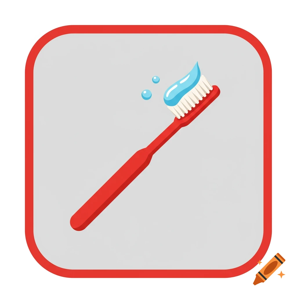 A red toothbrush with blue toothpaste and water droplets on its bristles, centered within a light gray rounded square with a red border, in a clean flat 2D cartoon style.