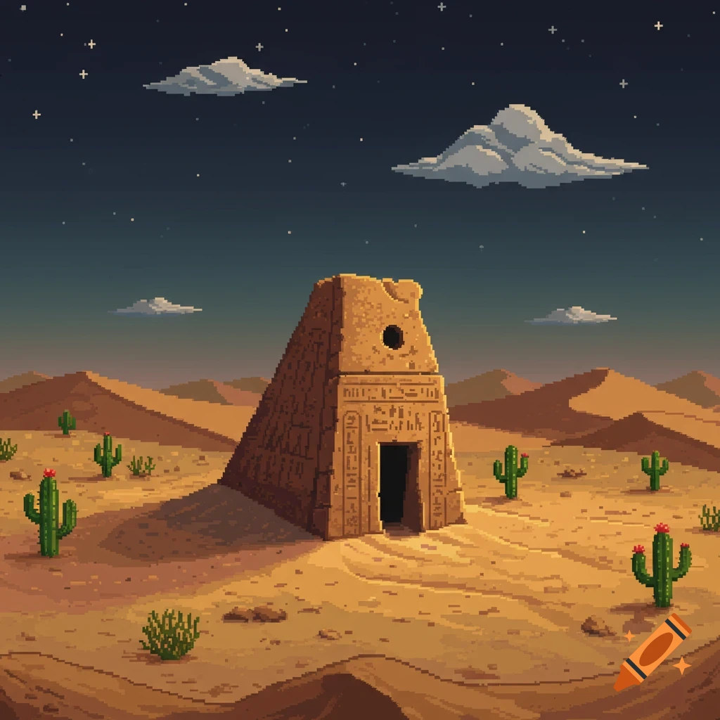 Pixel art of an ancient stone tomb covered in hieroglyphics, set in a desert at night with cactuses.