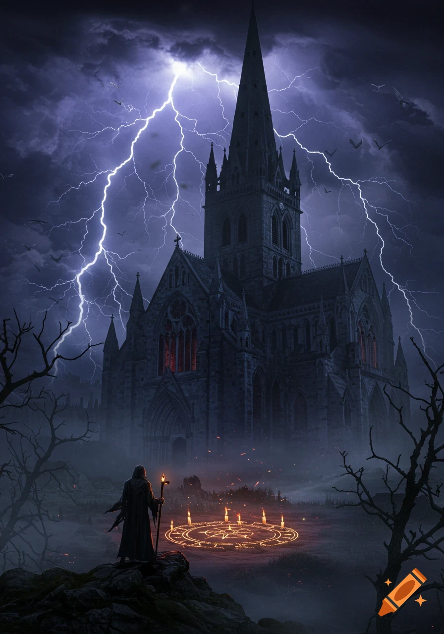 A robed figure performs a ritual with candles and a glowing circle in front of a gothic church under a lightning storm.