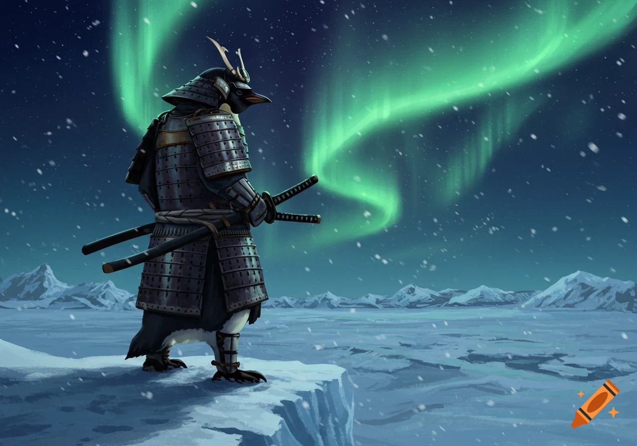 A penguin in samurai armor stands on an icy cliff under the aurora borealis, with snow falling.