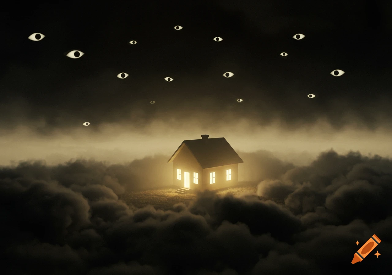 A glowing beige house stands alone in thick dark fog, with numerous white eyes observing from the dark sky in a surreal Weirdcore style.