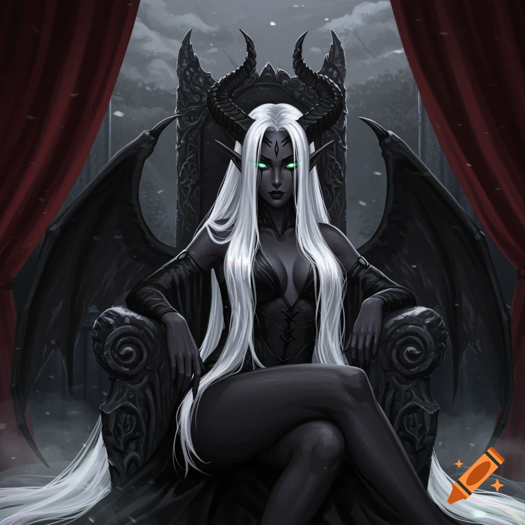 A dark-skinned demoness with long white hair, black horns, and glowing green eyes sits on a throne with large black wings.