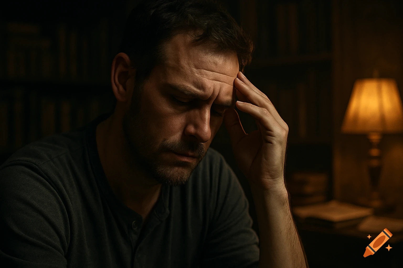 A man with a beard sits in a dark room, hand on his temple, looking downcast by the warm light of a lamp.
