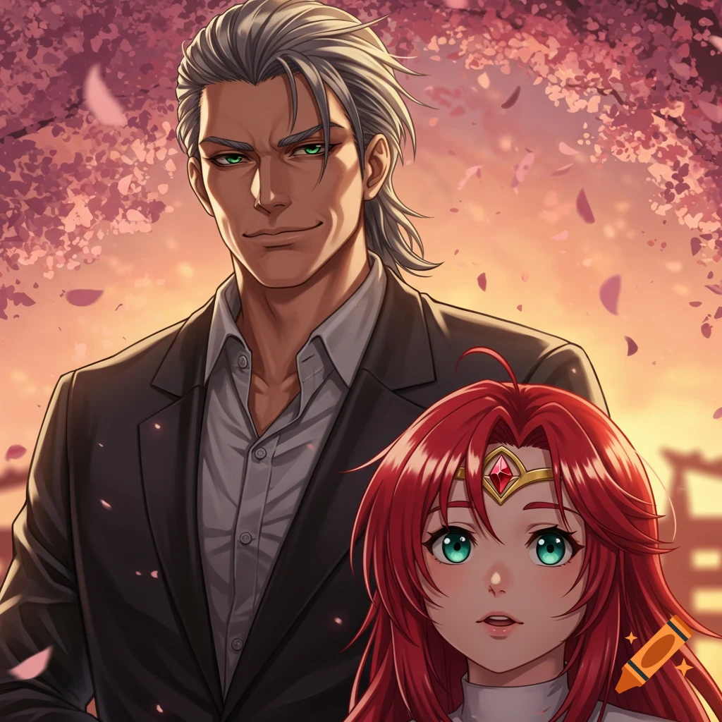 Anime style portrait of a gray-haired man in a suit and a red-haired woman with a tiara, amidst cherry blossoms.