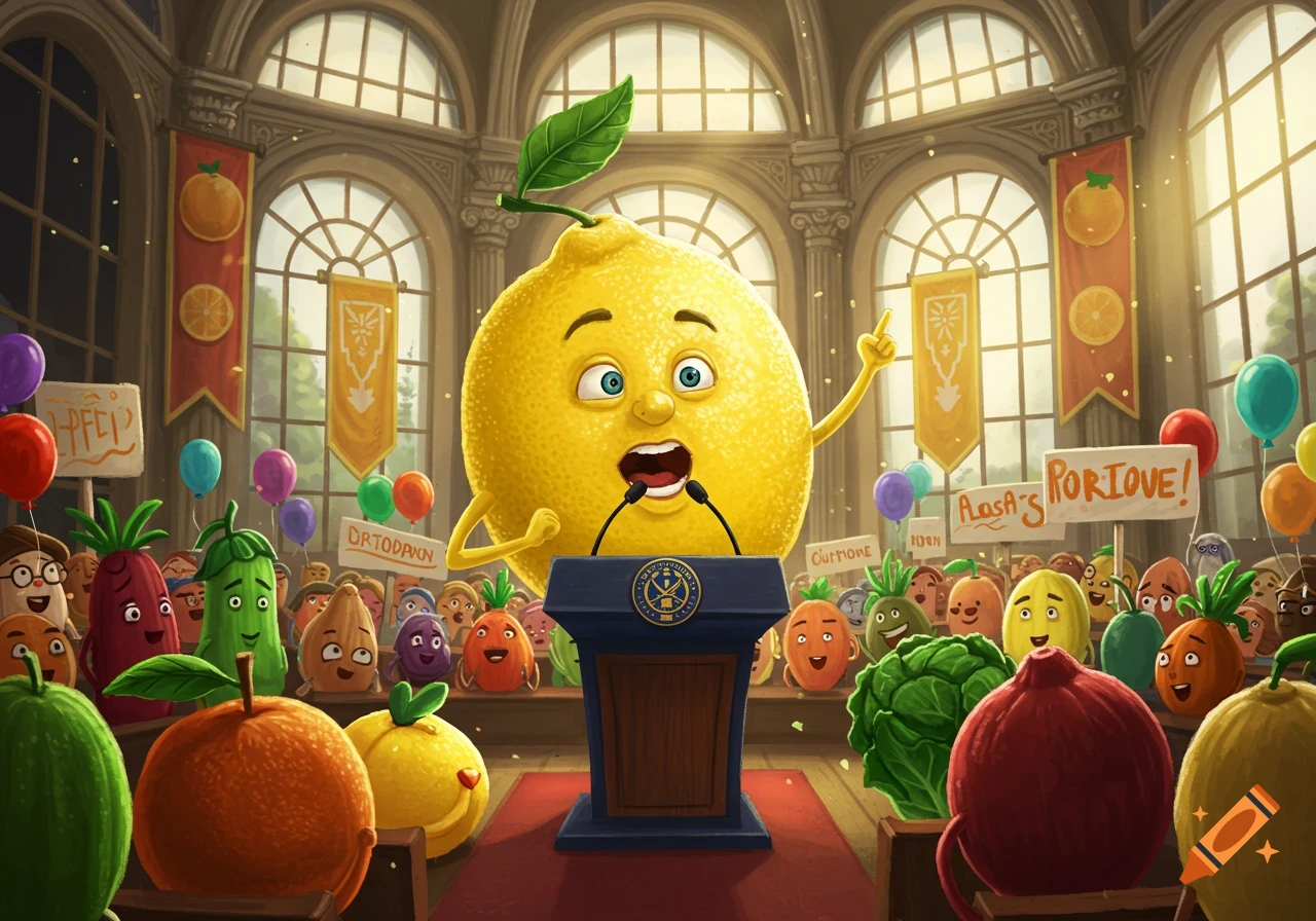A cartoon lemon president gives a speech at a podium to an audience of cheering, anthropomorphic fruits and vegetables in a grand hall.