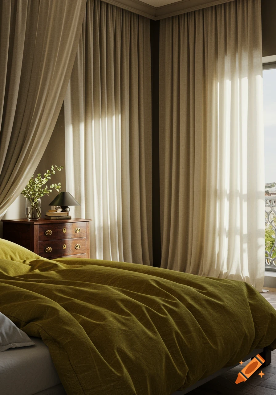 A photorealistic bedroom with a yellow-green velvet bedspread, vintage dark wood dresser, and light streaming through beige curtains.