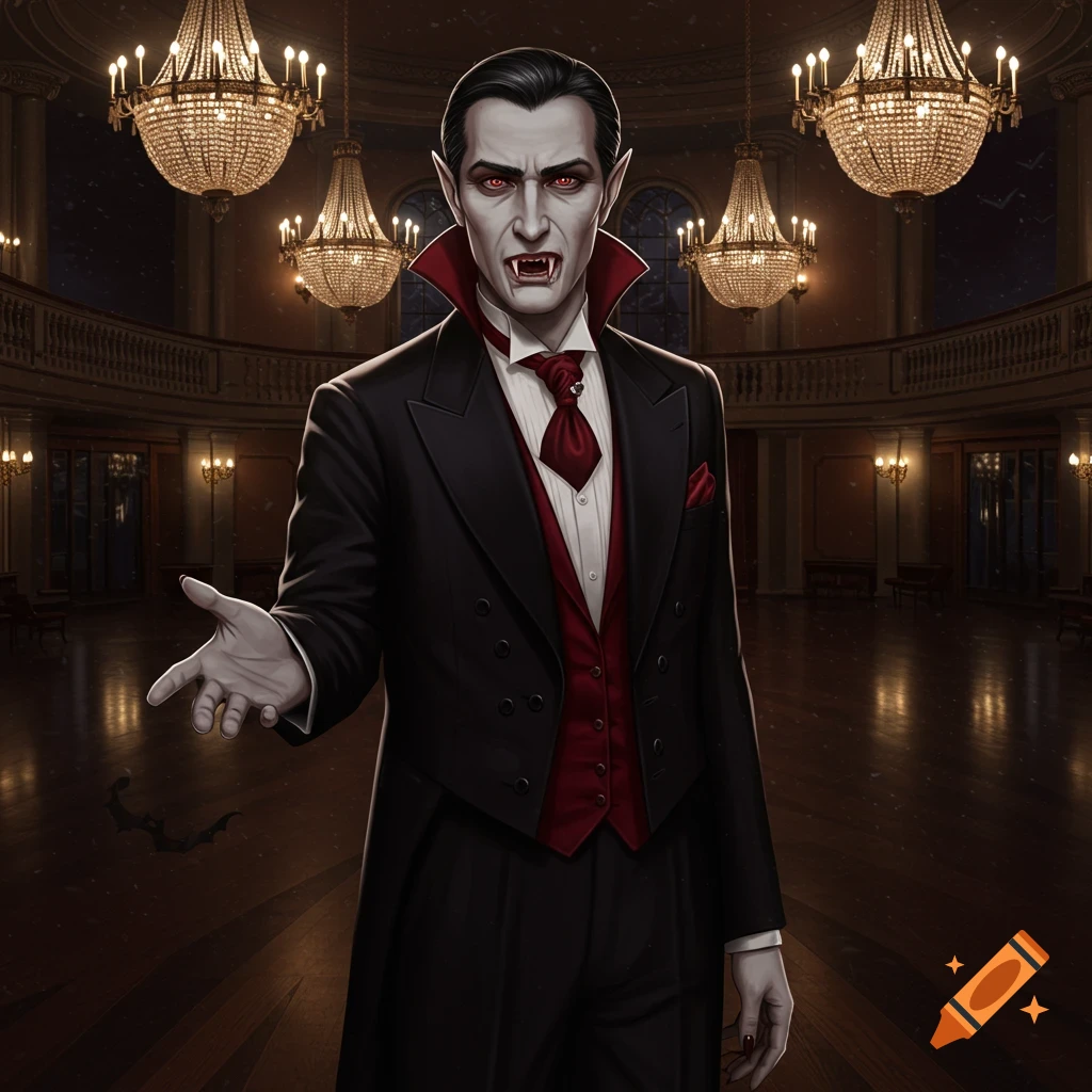 A pale male vampire with red eyes and fangs, dressed in a black suit and red vest, stands in a grand ballroom extending his hand.