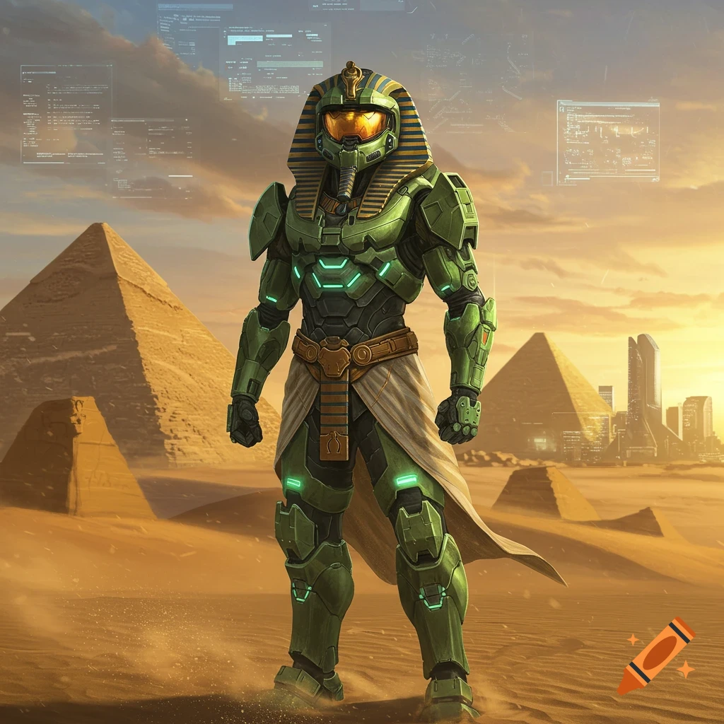 A futuristic green armored warrior with a pharaoh's headdress stands in a desert with pyramids and a distant cityscape under a sky with floating data screens.