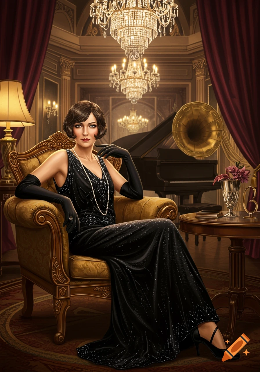 A woman in a black flapper dress and long pearls sits in a gold armchair in a lavish 1920s room with chandeliers.