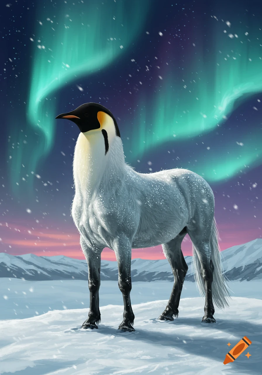 A creature with a penguin head and horse body stands in a snowy arctic landscape under a sky with green aurora borealis.