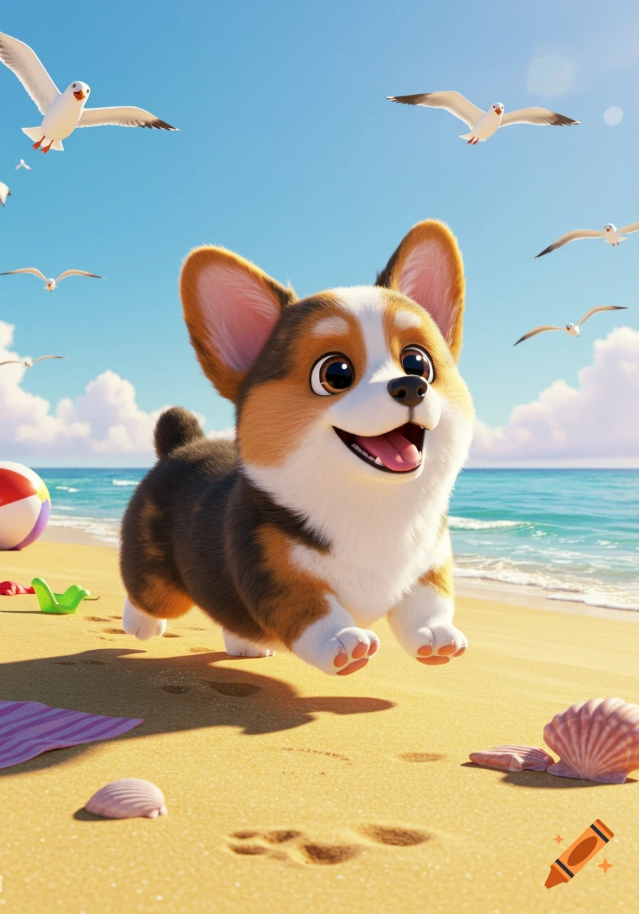 A happy, fluffy tri-color Corgi runs on a sandy beach with seagulls flying under a clear blue sky, in a Pixar style.