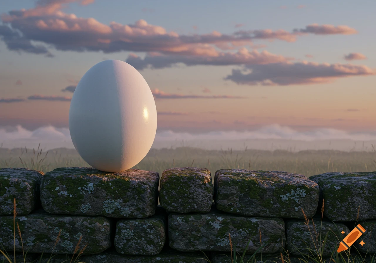 A large white egg rests on a mossy stone wall, overlooking a hazy field at sunset.