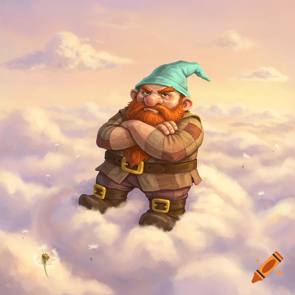 A grumpy dwarf with a red beard and green hat, arms crossed, floating among fluffy clouds with dandelion seeds.