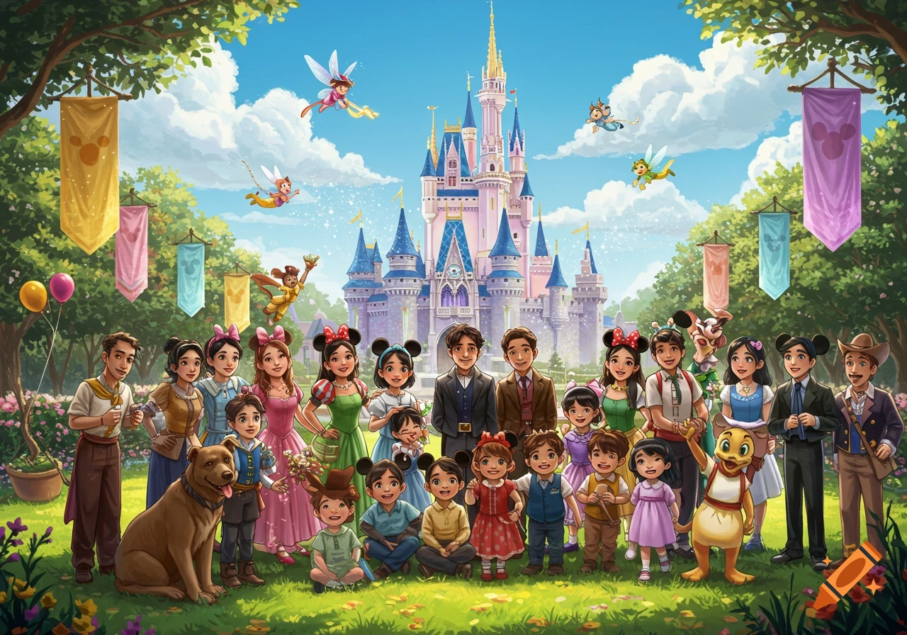 A large group of diverse cartoon characters, including people, fairies, and animals, gathered in a park with a magical castle.