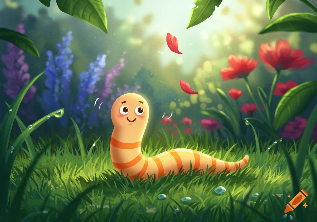 A happy, cartoon worm with orange stripes smiles in a bright, green garden with red and purple flowers and falling petals.