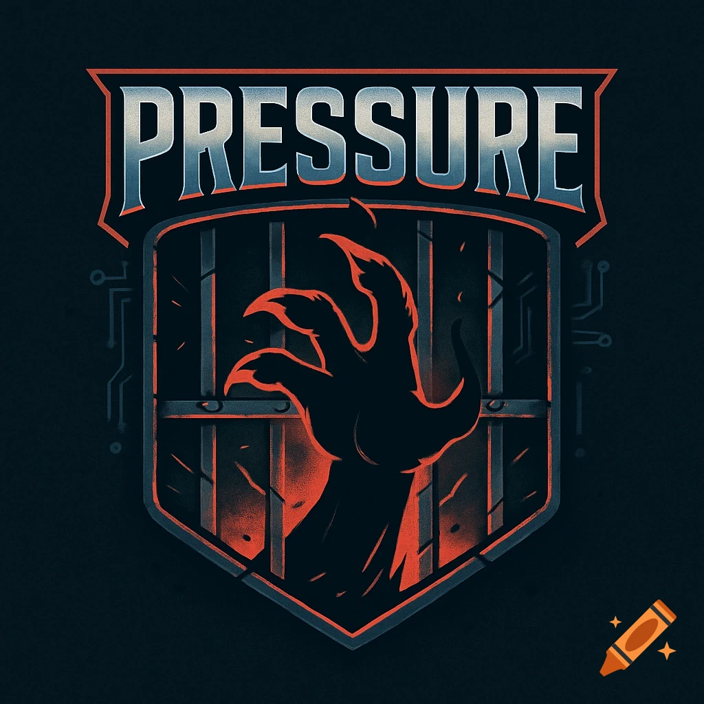 Dark, stylized logo for "PRESSURE" with a red monster claw reaching through metal bars, surrounded by circuit patterns.