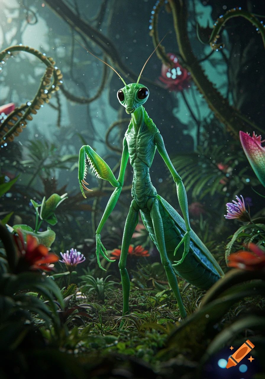 A detailed, photorealistic render of a large, green praying mantis standing in a vibrant, misty jungle environment.