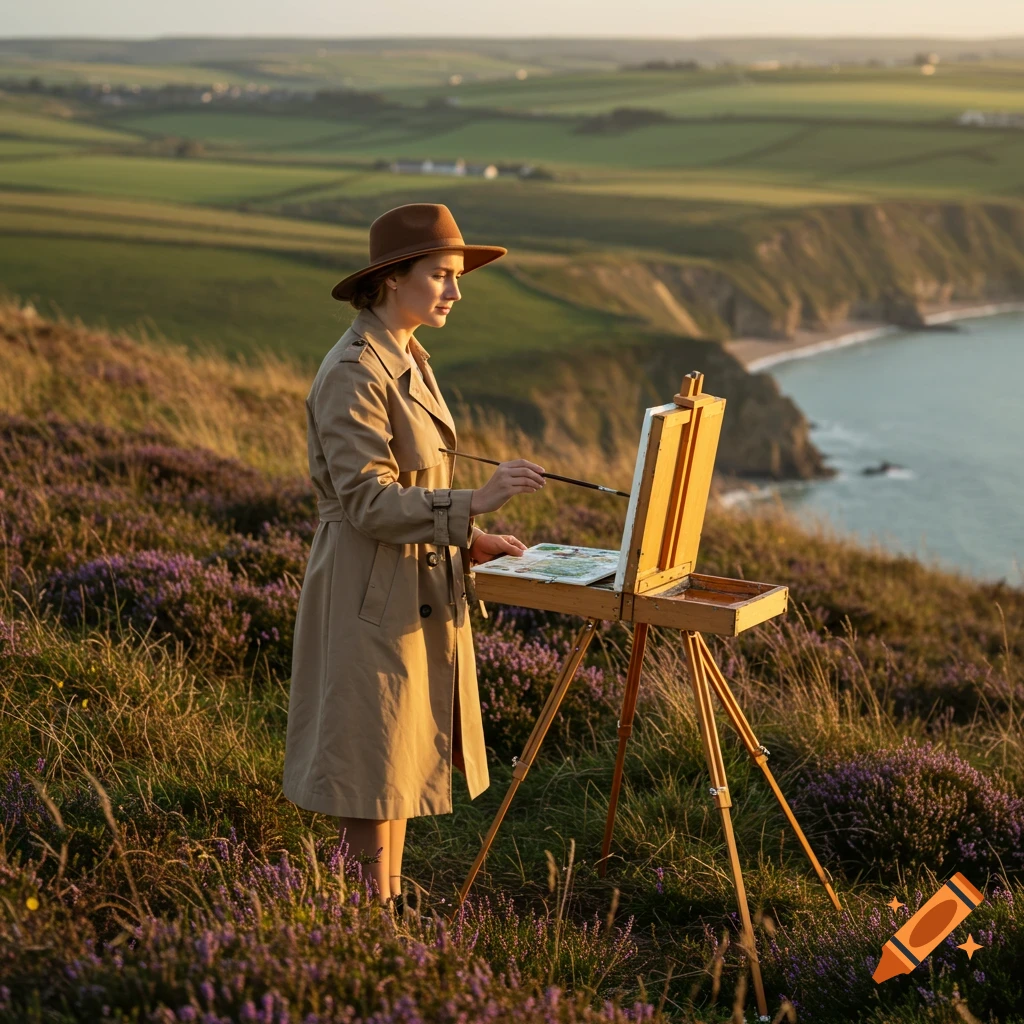 A stylish woman in a trench coat and hat paints outdoors on a cliff overlooking the sea and green hills at sunset.